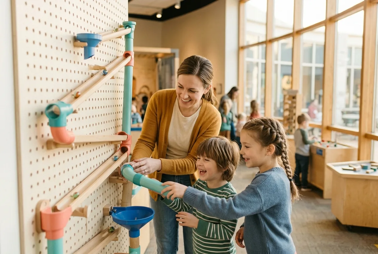 Building a marble run together on the two-storey pegboard wall.