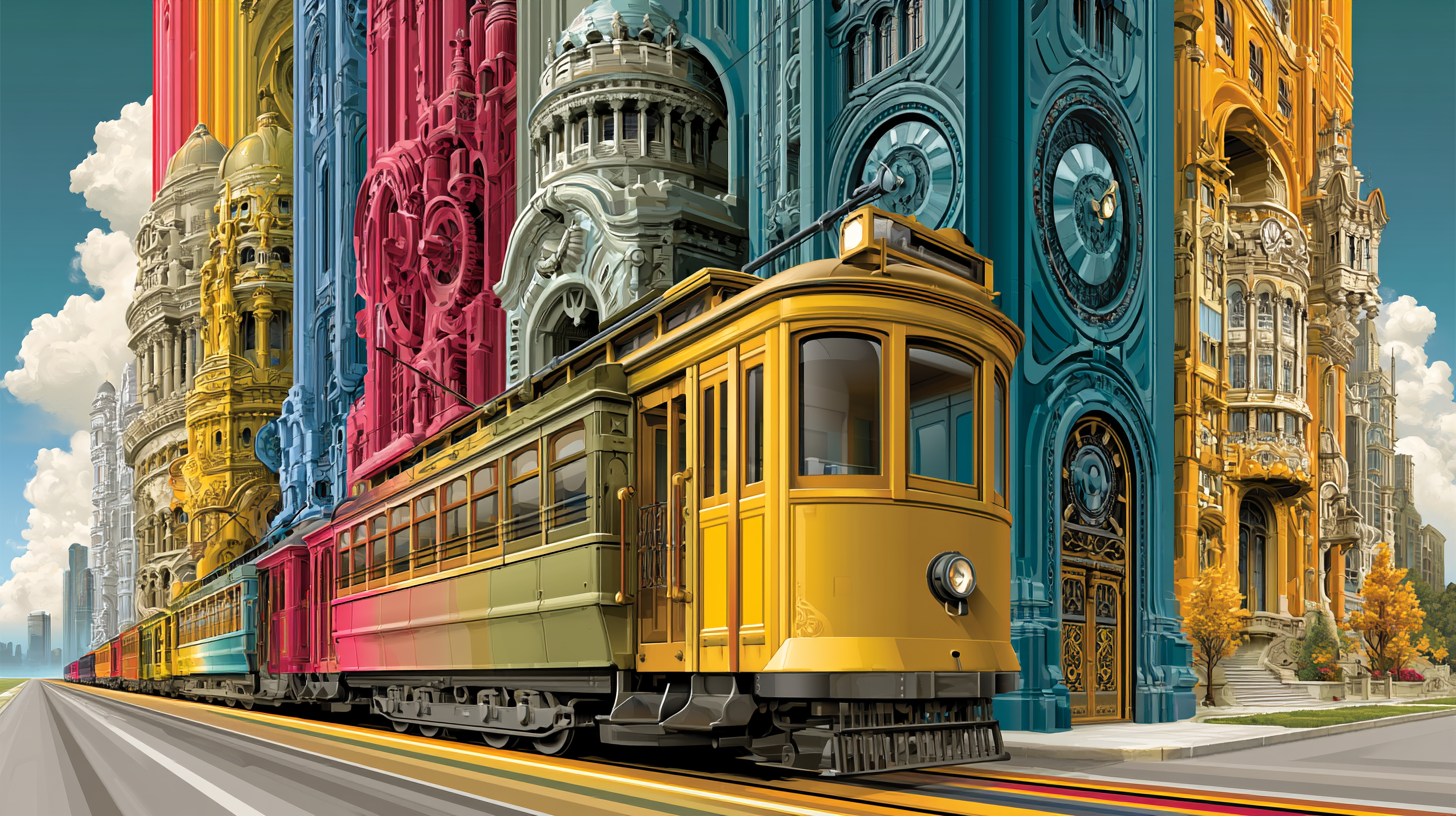 Golden trolley on a color-banded boulevard — the RAILS system in motion
