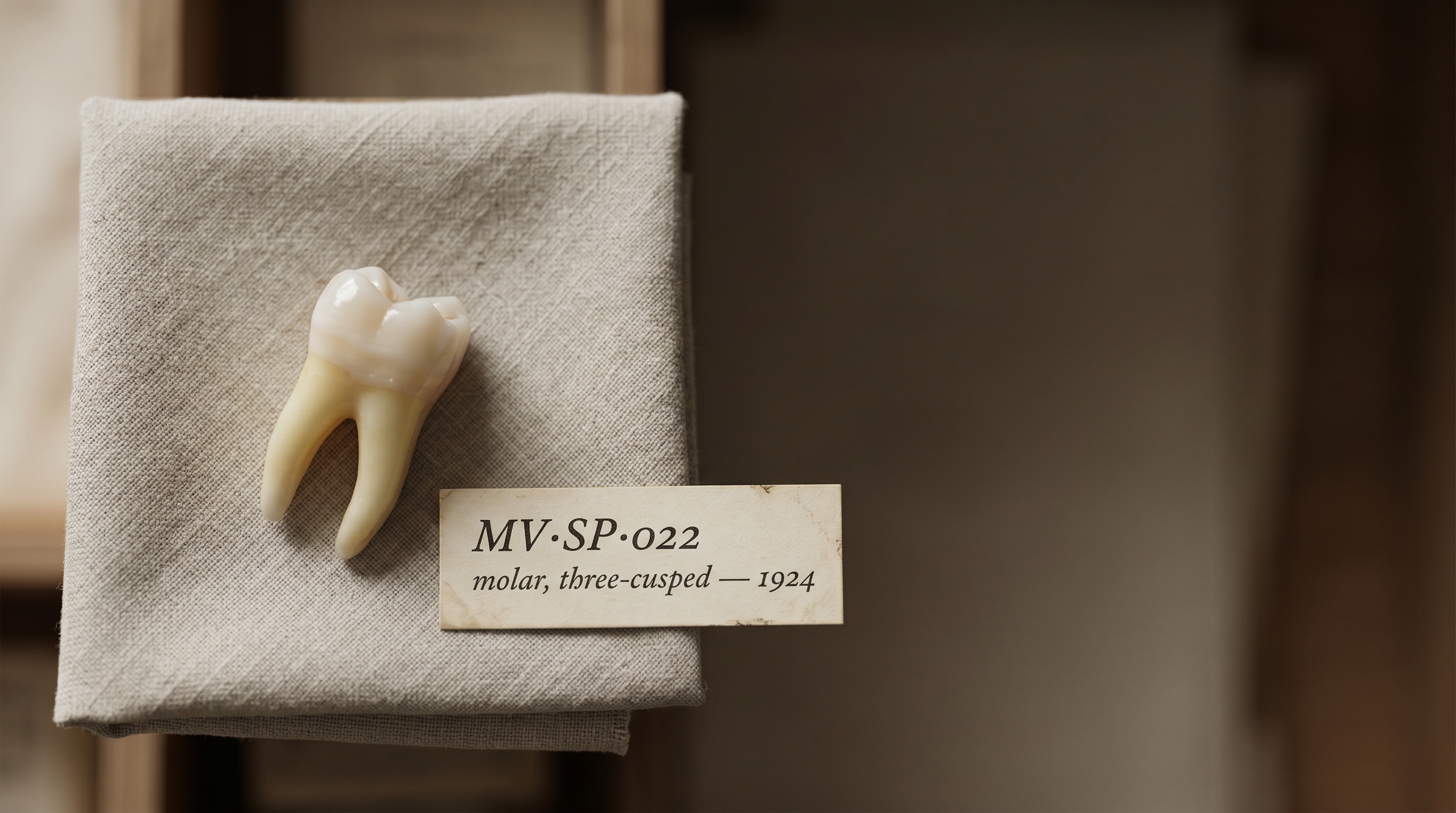 Editorial still-life — a single ceramic dental specimen on lilac-frost linen, soft north light.